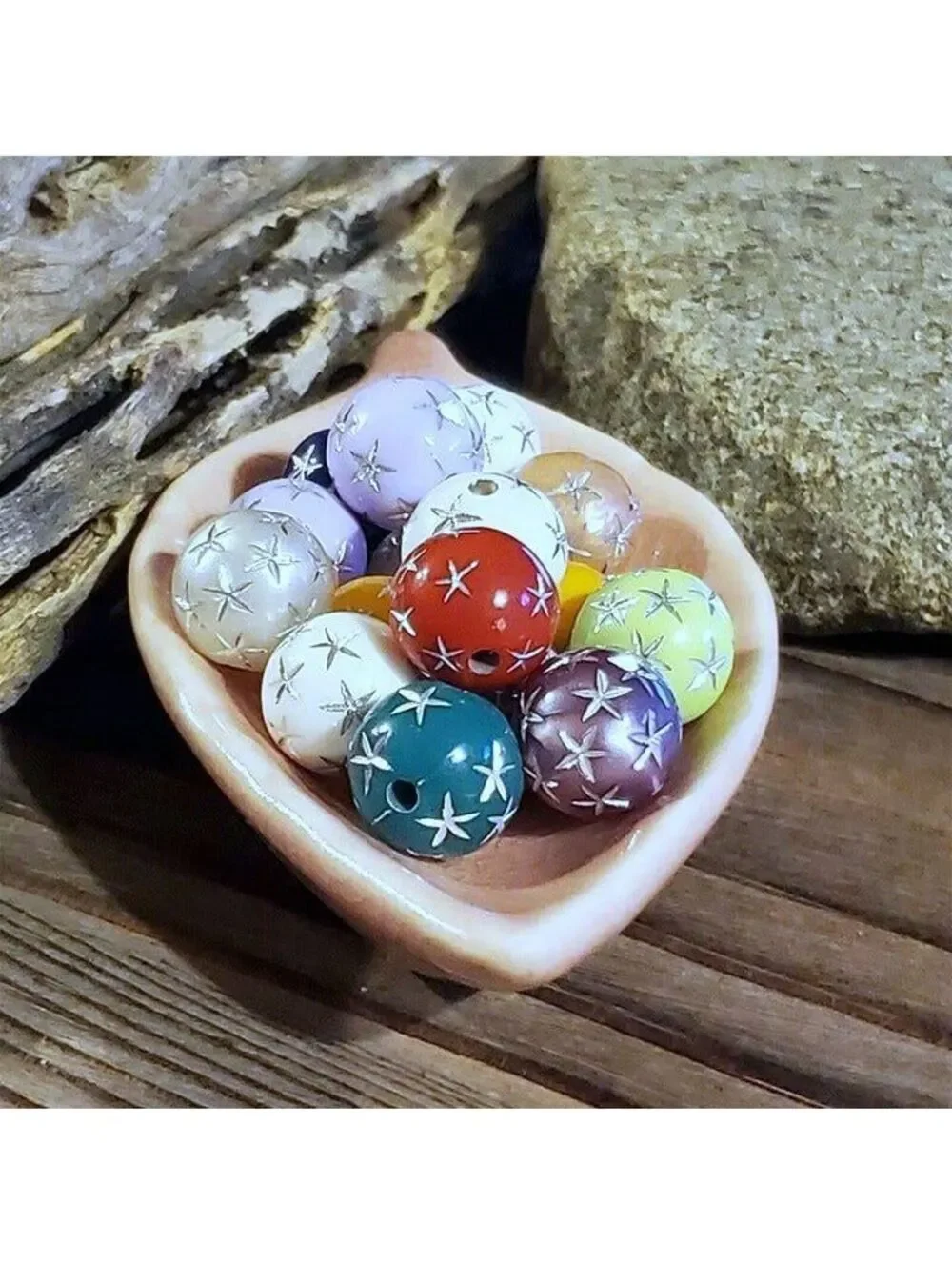 Vintage Retro Mixed Colors Silver Stars 12mm Round Acrylic Shabby Beads 10 pcs